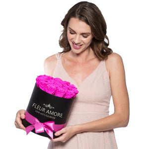 Hot Pink Preserved Roses | Small Round Black Huggy Rose Box