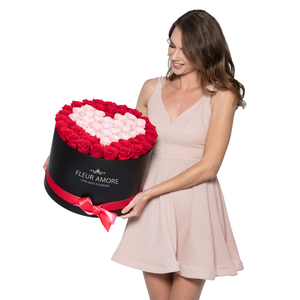 Red and Light Pink Heart Preserved Roses | Large Round Black Huggy Rose Box