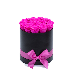 Hot Pink Preserved Roses | Small Round Black Huggy Rose Box