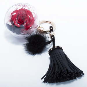 RED PRESERVED ROSE | BLACK BLUSH TASSEL AND FLUFFY BALL KEYCHAIN