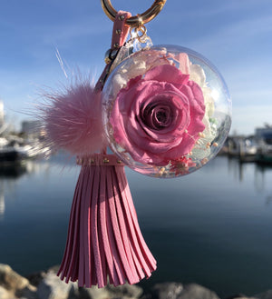 PINK PRESERVED ROSE | PINK BLUSH TASSEL AND FLUFFY BALL KEYCHAIN