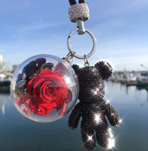 RED PRESERVED ROSE | BLACK CRYSTAL ROSE BEAR KEYCHAIN