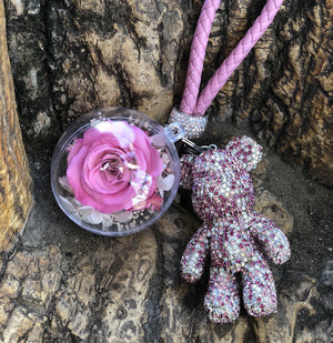 PINK PRESERVED ROSE | PINK CRYSTAL ROSE BEAR KEYCHAIN