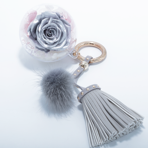 SILVER PRESERVED ROSE | GREY BLUSH TASSEL AND FLUFFY BALL KEYCHAIN