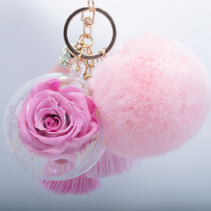 PINK PRESERVED ROSE | PINK FLUFFY BALL WITH FADED PINK THREAD TASSELS KEYCHAIN