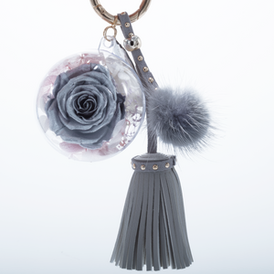 SILVER PRESERVED ROSE | GREY BLUSH TASSEL AND FLUFFY BALL KEYCHAIN