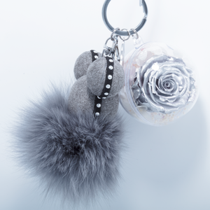 SILVER PRESERVED ROSE | GREY FLUFFY BALL KEYCHAIN