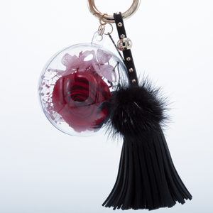 RED PRESERVED ROSE | BLACK BLUSH TASSEL AND FLUFFY BALL KEYCHAIN