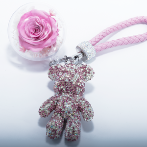 PINK PRESERVED ROSE | PINK CRYSTAL ROSE BEAR KEYCHAIN