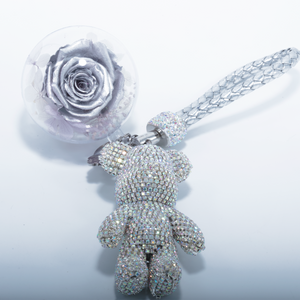 SILVER PRESERVED ROSE | SILVER CRYSTAL ROSE BEAR KEYCHAIN