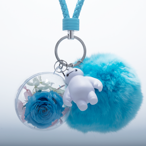 BLUE PRESERVED ROSE | BLUE FLUFFY BALL KEYCHAIN