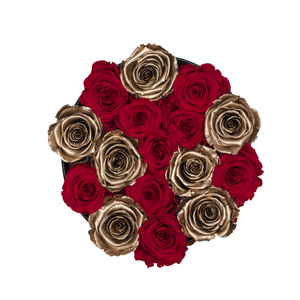 Gold & Red Mix Preserved Roses | Small Round Black Huggy Rose Box