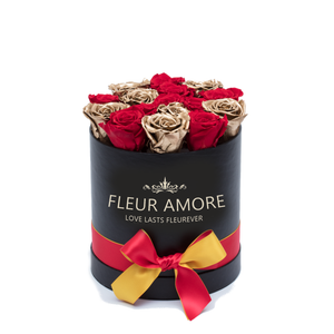 Gold & Red Mix Preserved Roses | Small Round Black Huggy Rose Box