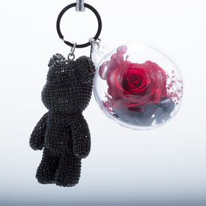 RED PRESERVED ROSE | BLACK CRYSTAL ROSE BEAR KEYCHAIN