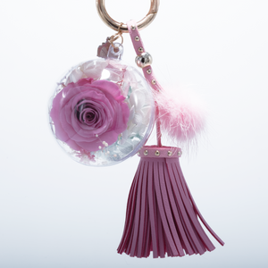 PINK PRESERVED ROSE | PINK BLUSH TASSEL AND FLUFFY BALL KEYCHAIN