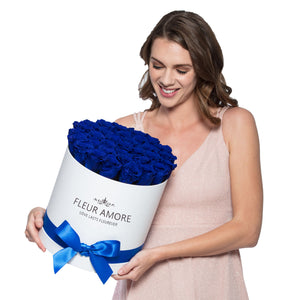 Royal Blue Preserved Roses | Medium Round White Huggy Rose Box