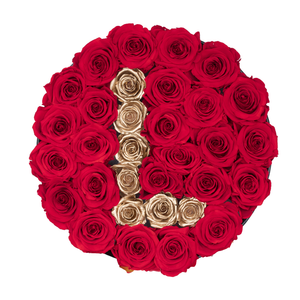 Gold Letter " L " Preserved Roses | Medium Round Black Huggy Rose Box