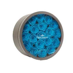 BLUE PRESERVED ROSES | MEDIUM ROUND CLASSIC GREY BOX