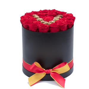 Gold Letter " V " Preserved Roses | Medium Round Black Huggy Rose Box