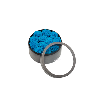 BLUE PRESERVED ROSES | SMALL ROUND CLASSIC GREY BOX