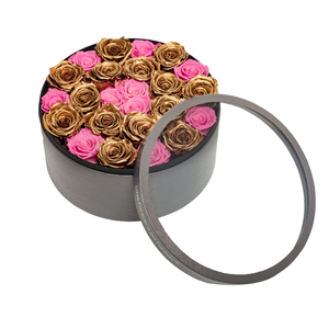 GOLD & PINK PRESERVED ROSES | LARGE ROUND CLASSIC GREY BOX