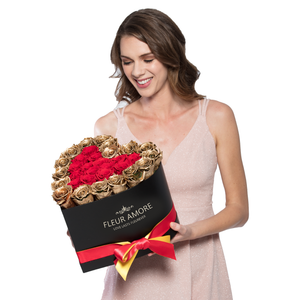 Red with One Gold Preserved Roses | Heart Black Huggy Rose Box