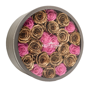 GOLD & PINK PRESERVED ROSES | LARGE ROUND CLASSIC GREY BOX