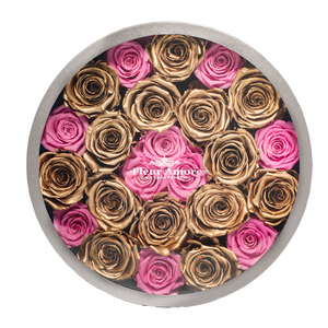 GOLD & PINK PRESERVED ROSES | LARGE ROUND CLASSIC GREY BOX