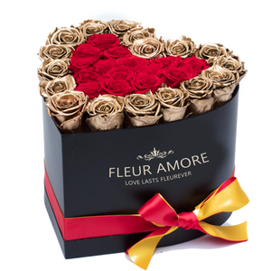 Red with One Gold Preserved Roses | Heart Black Huggy Rose Box