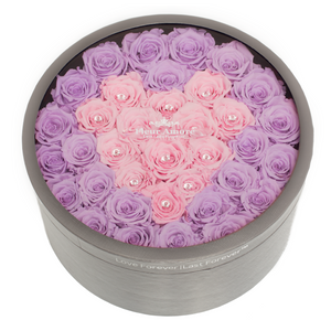 PINK HEART PRESERVED ROSES | LARGE ROUND CLASSIC GREY BOX