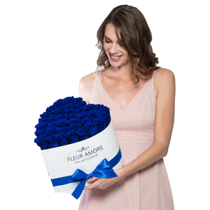 Royal Blue Preserved Roses | Heart White Huggy Rose Box