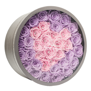 PINK HEART PRESERVED ROSES | LARGE ROUND CLASSIC GREY BOX