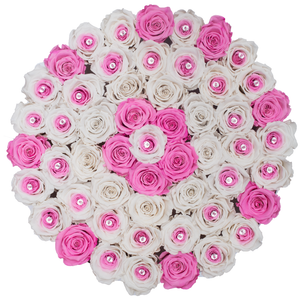 Special Pink and & Preserved Roses | Large Round White Huggy Rose Box