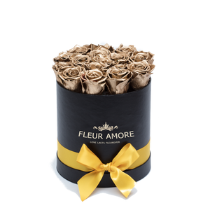 GOLD PRESERVED ROSES | SMALL ROUND BLACK HUGGY ROSE BOX