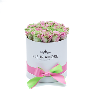 GREEN & PINK MIX PRESERVED ROSES | SMALL ROUND WHITE HUGGY ROSE BOX