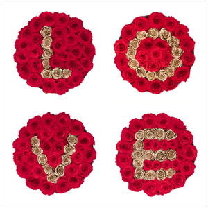 "LOVE" Preserved Roses Letter | Set of Four Medium Round Black Huggy Rose Boxes