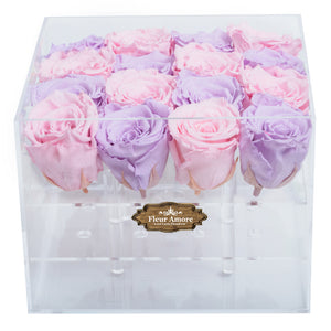 LIGHT PINK AND LIGHT PURPLE PRESERVED ROSES | MEDIUM ACRYLIC ROSE BOX