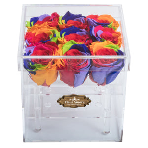 RAINBOW COLOR PRESERVED ROSES | SMALL ACRYLIC ROSE BOX