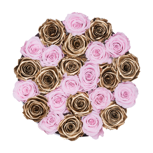 PINK & GOLD PRESERVED ROSES | MEDIUM ROUND WHITE HUGGY ROSE BOX