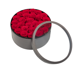 RED PRESERVED ROSES | LARGE ROUND CLASSIC GREY BOX