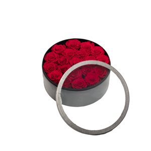 RED PRESERVED ROSES | MEDIUM ROUND CLASSIC GREY BOX