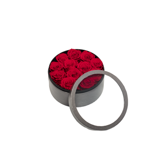 RED PRESERVED ROSES | SMALL ROUND CLASSIC GREY BOX