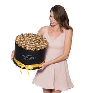 Gold Preserved Roses | Large Round Black Huggy Rose Box