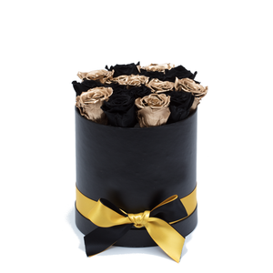 Gold & Black Preserved Roses | Small Round Black Huggy Rose Box