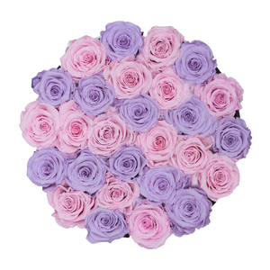 Light Pink & Light Purple Preserved Roses | Medium Round White Huggy Rose Box