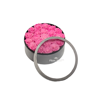 PINK PRESERVED ROSES | MEDIUM ROUND CLASSIC GREY BOX