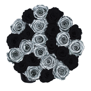 Silver & Black Preserved Roses | Medium Round White Huggy Rose Box