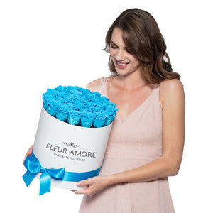 Blue Preserved Roses | Small Round White Huggy Rose Box