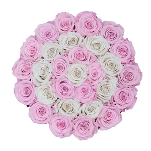 Light Pink & White Preserved Roses | Medium Round White Huggy Rose Box