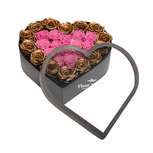 GOLD & PINK PRESERVED ROSES | LARGE HEART CLASSIC GREY BOX